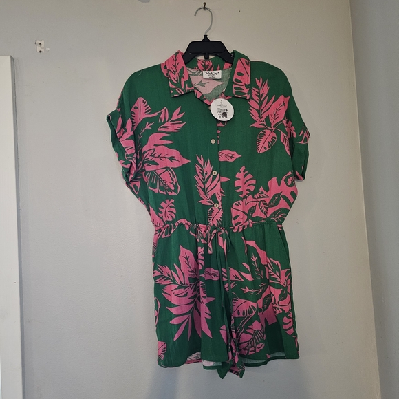 Leaf Print Green and Pink Dress - Picture 2 of 6